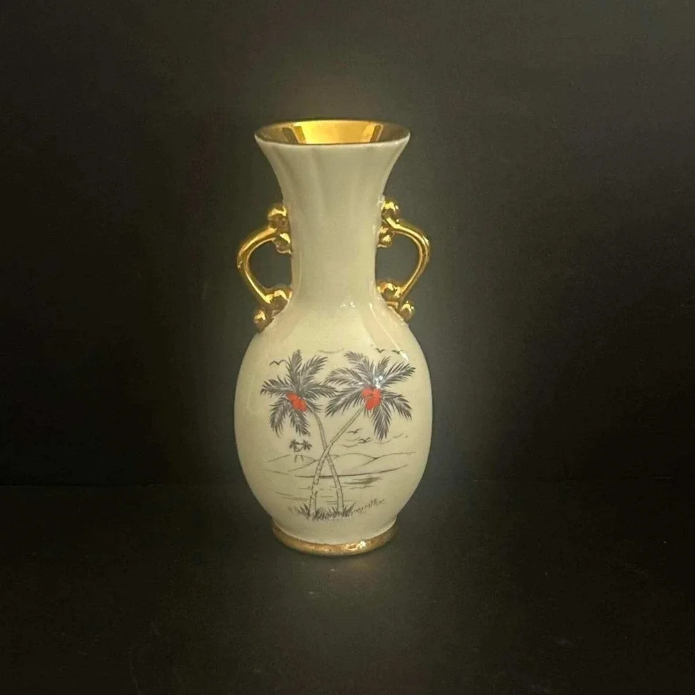 Tropical Palm Tree Gold Handles Vintage Bud Vase Cream Gold Trim Mid-Century